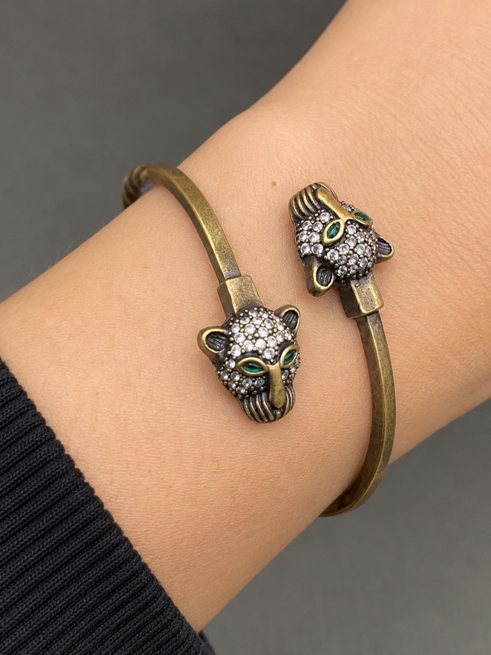Double Leopard Head Vintage Bronze Brass Bangle – Adjustable Cuff Bracelet